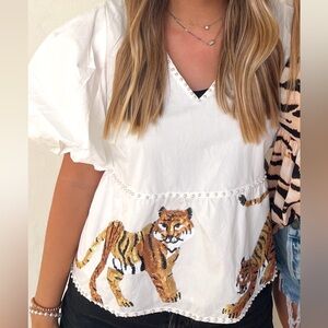 White Puff Sleeve Top with Pearl Details